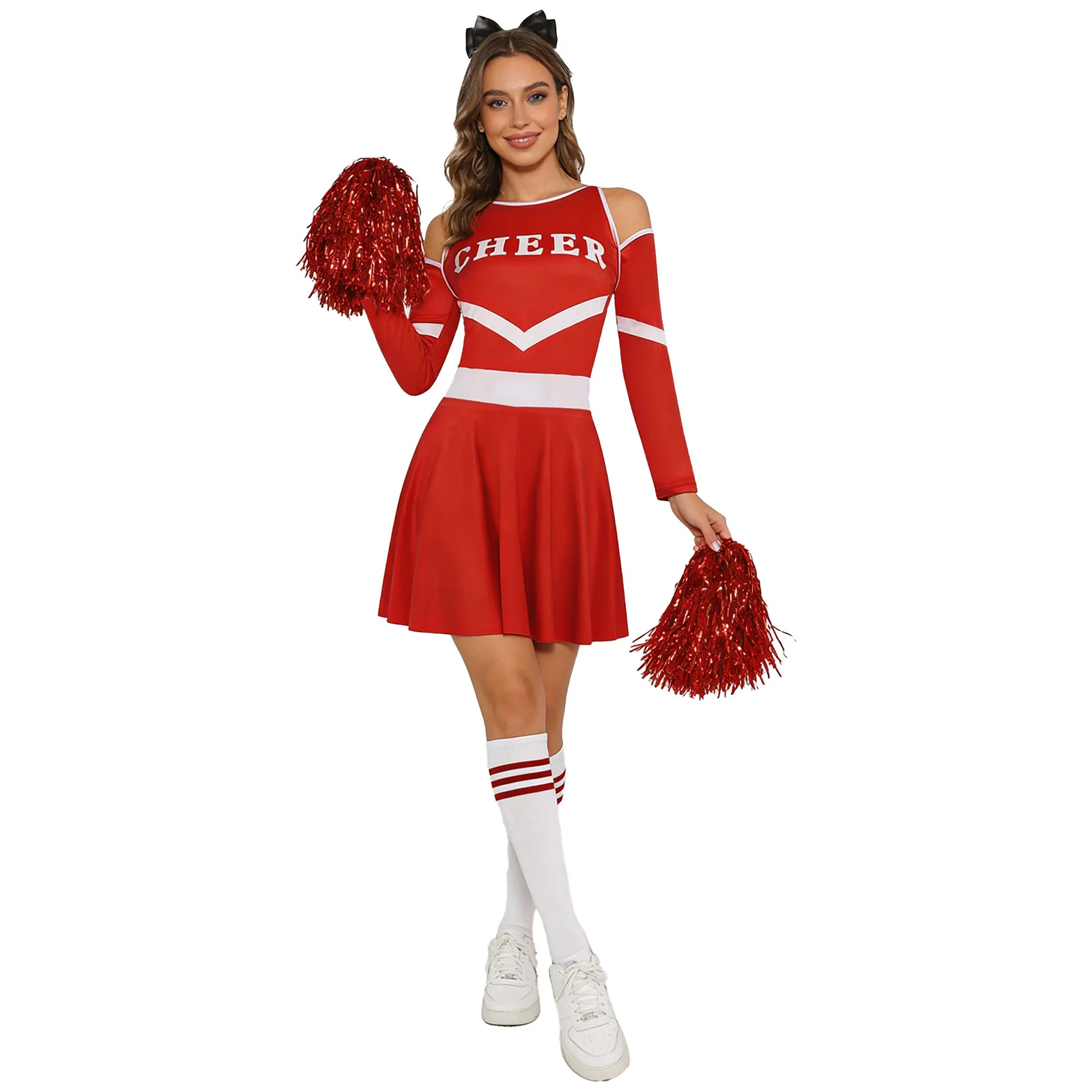 Womens High School Cheerleader Costume Cheerleading Uniform Letter Print cheer Dress with Stockings Bow Headband And Pom-poms