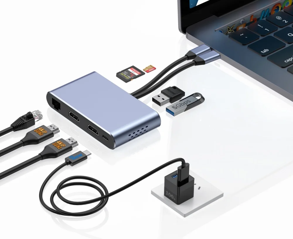 8-in-2 USB C HUB Type C إلى Dual HDMI 4K60 هرتز RJ45 TF/SD PD 100 واط USB 3.0 HUB محول لماك بوك اير ماك بوك برو #4