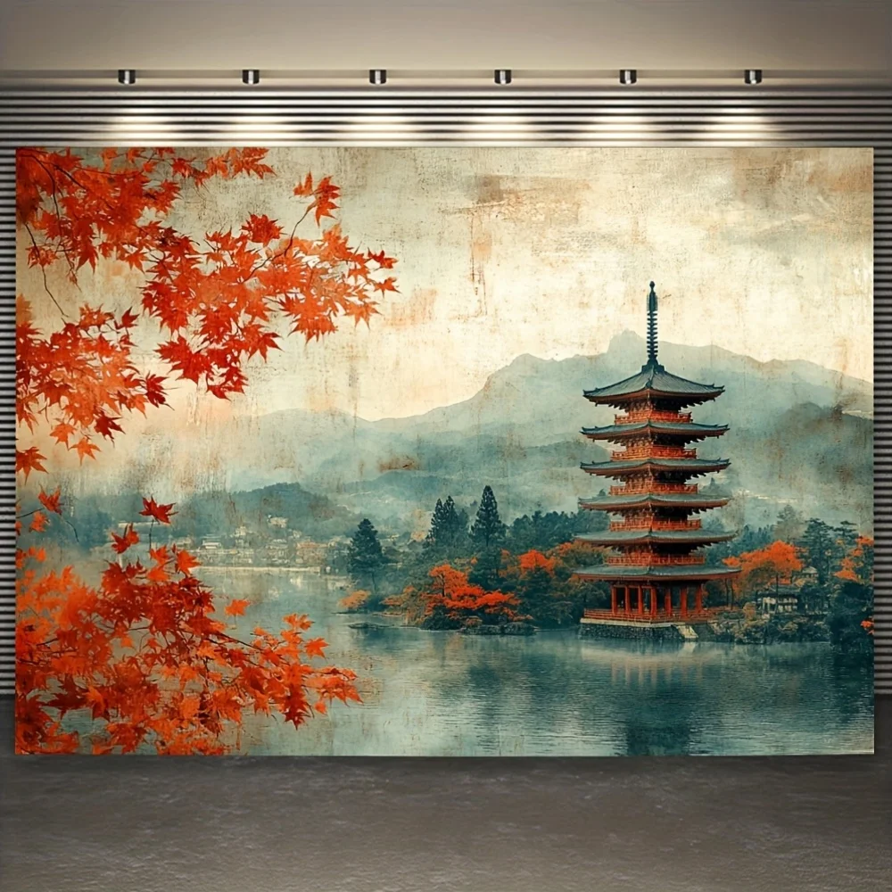 1pc Vintage Japanese pagoda pattern tapestry, machine washable polyester, suitable for bedroom and living room decoration.