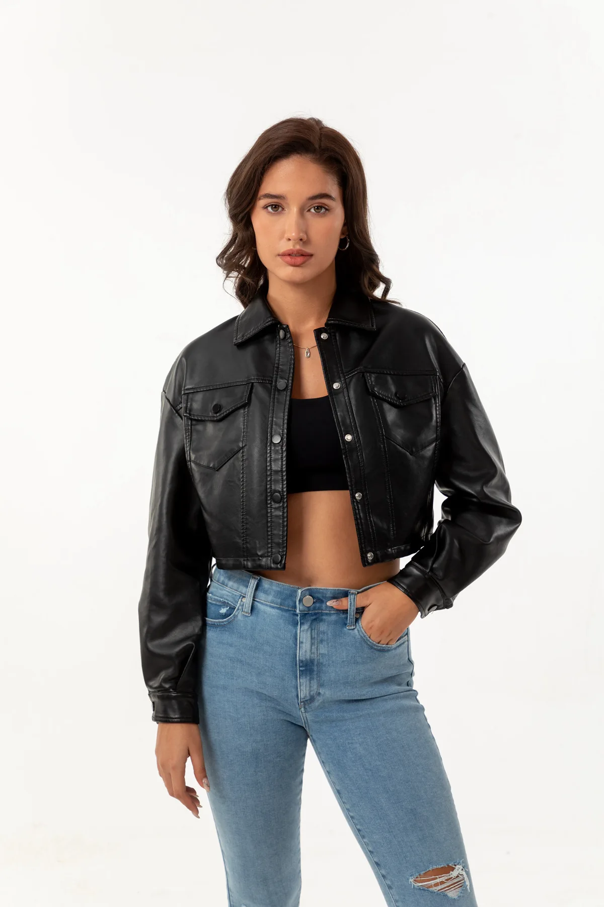 Blouson d'extérieur en cuir noir moto femme, fermeture éclair courte, col montant, printemps et automne 2024