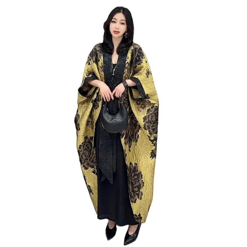 2024 Spring Summer New Dark Flower Trench Casual Large Bat Sleeve Cardigan Top Girl Versatile Chinese Style Trendy ZY574