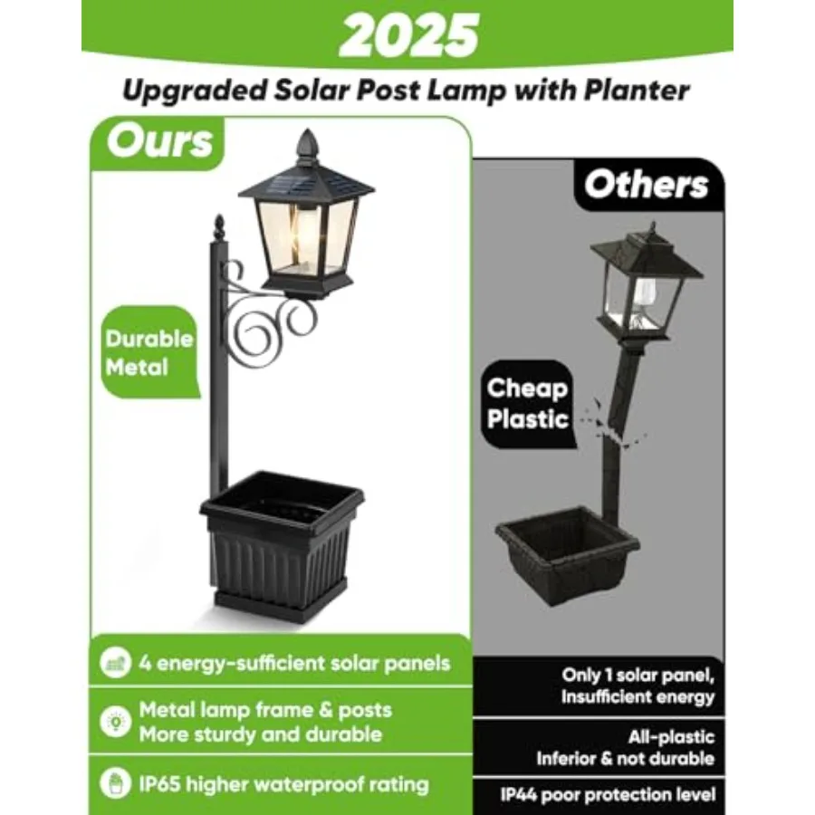 Outdoor Flower Pots 2 in 1, Solar Lamp Post with Planter, Metal Pole, Wall Mount/Standing Solar Planter Lights IP65 Waterproof,