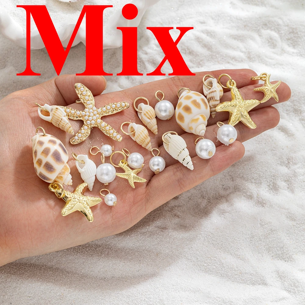 Mix 21pcs Boho Metal Starfish Imitation Pearl Shell Seashell Charms Pendant for DIY Jewelry Making Necklace Earring Accessories