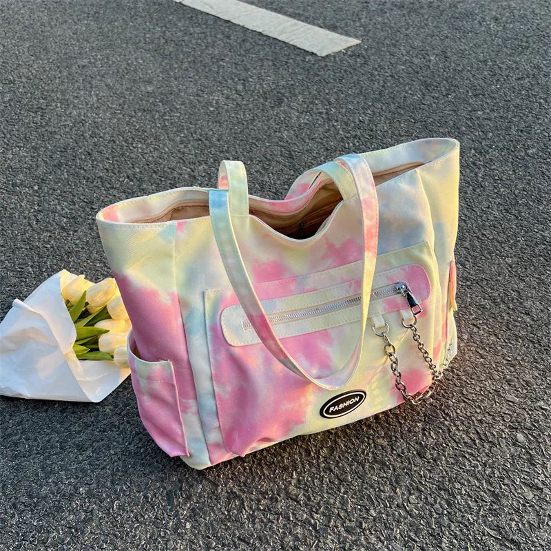 Large Capacity Canvas Tote Bag For Women Korean Fashion Tie Dye Shoulder Bag Casual Commute Female Designer Handbags