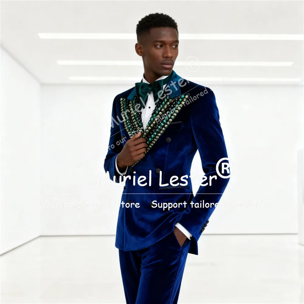 

Navy Velvet Wedding Tuxedo Suits 2 Pieces Sets Man Double Breasted Groom Blazers Customized Groom Bnquet Attire Outfits Skinny