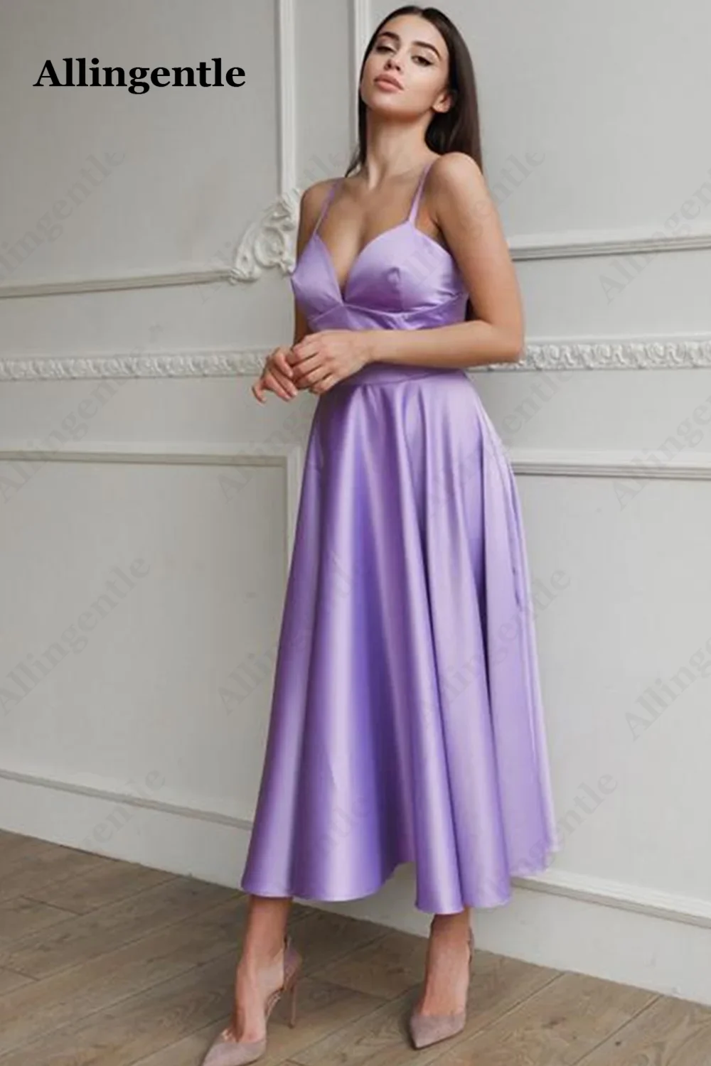 Allingentle Simple Lilac Deep V-Neck A-Line Evening Dresses Ankle-Length Spaghetti Strap Prom Party Gown for Woman Custom Made