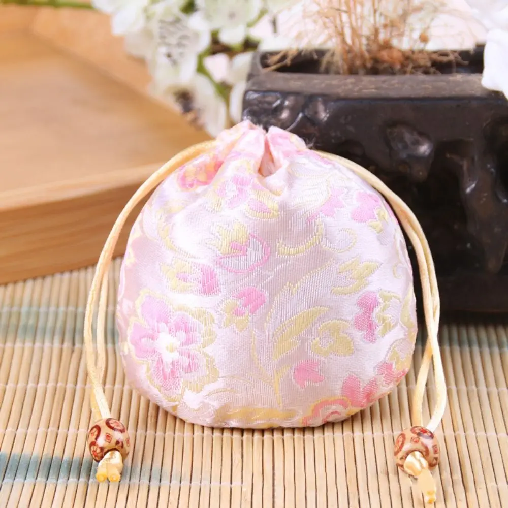 Floral Embroidery Flower Drawstring Bag Jewelry Packing Bag Beaded Small Coin Purse Wallet Hanfu Wrist Bag Large Capacity