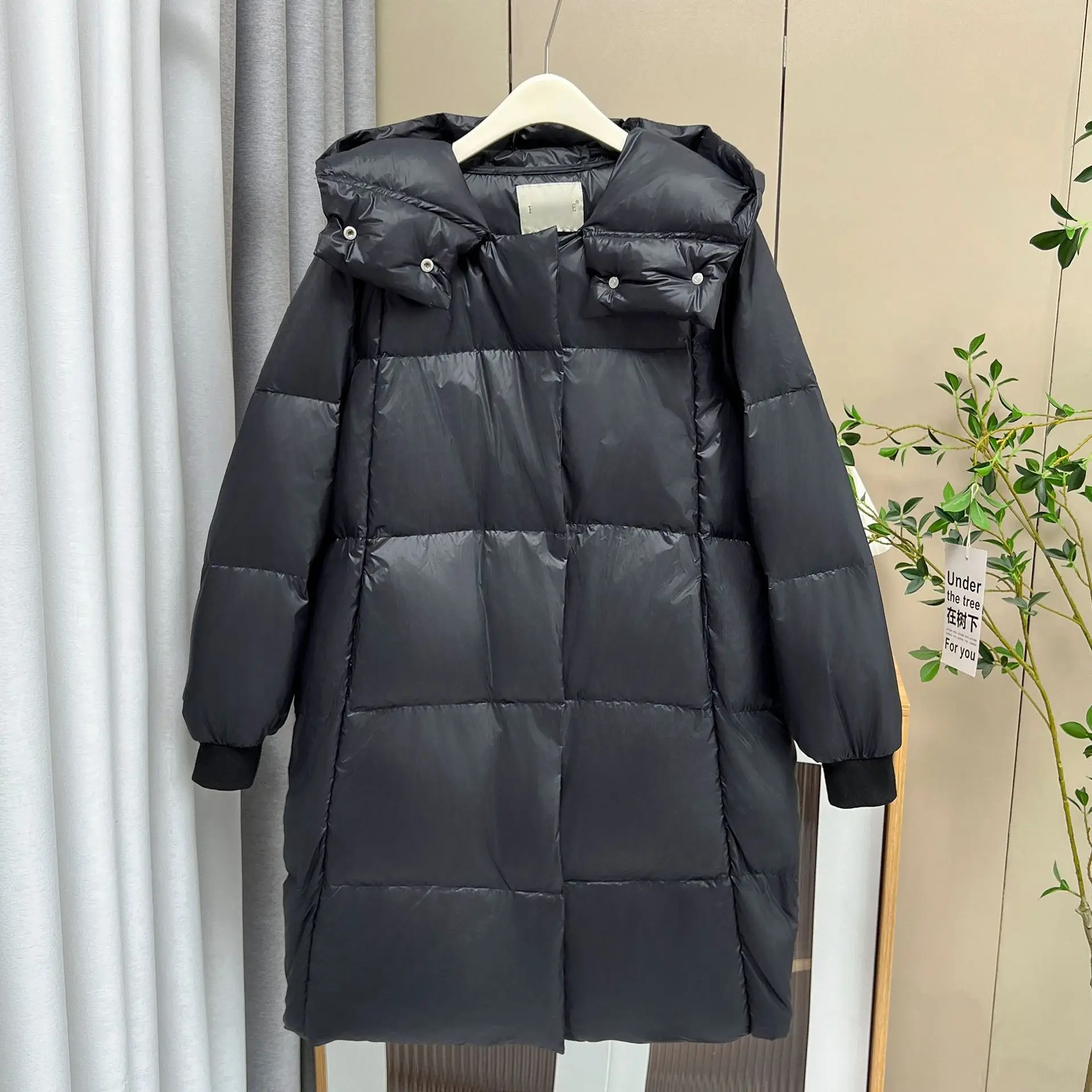 Plus Size Women Down Coat Winter Loose Thick Hooded 90% White Duck Down Long Jacket Black Warm Overcoat 2708