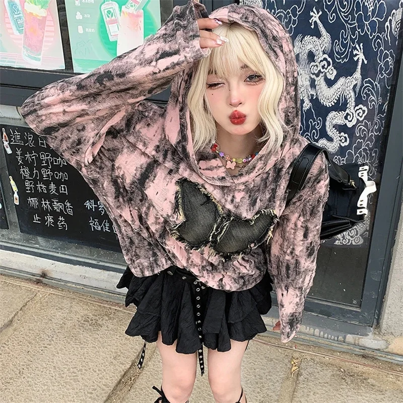 

Sweet Cool Style Butterfly Long Sleeve Top 2025 Spring and Autumn Women's Piercing Tie Dyeing Design Feel Loose T-shirt Hoodie