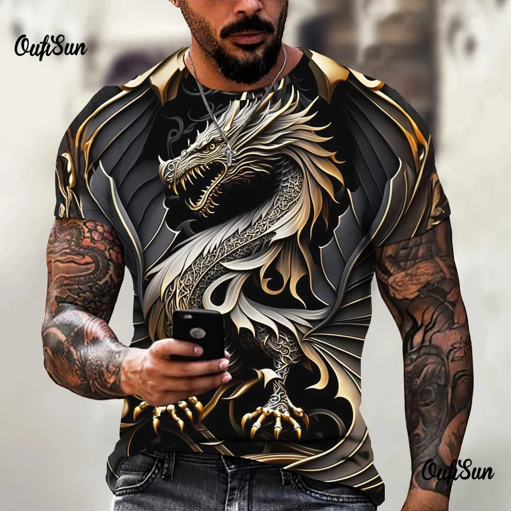 Men\'s T-Shirt Fashion 3d Dragon Print T Shirt Vintage New Year Short-Sleeved Oversized Streetwear Tees Summer Casual Men\'s Tops