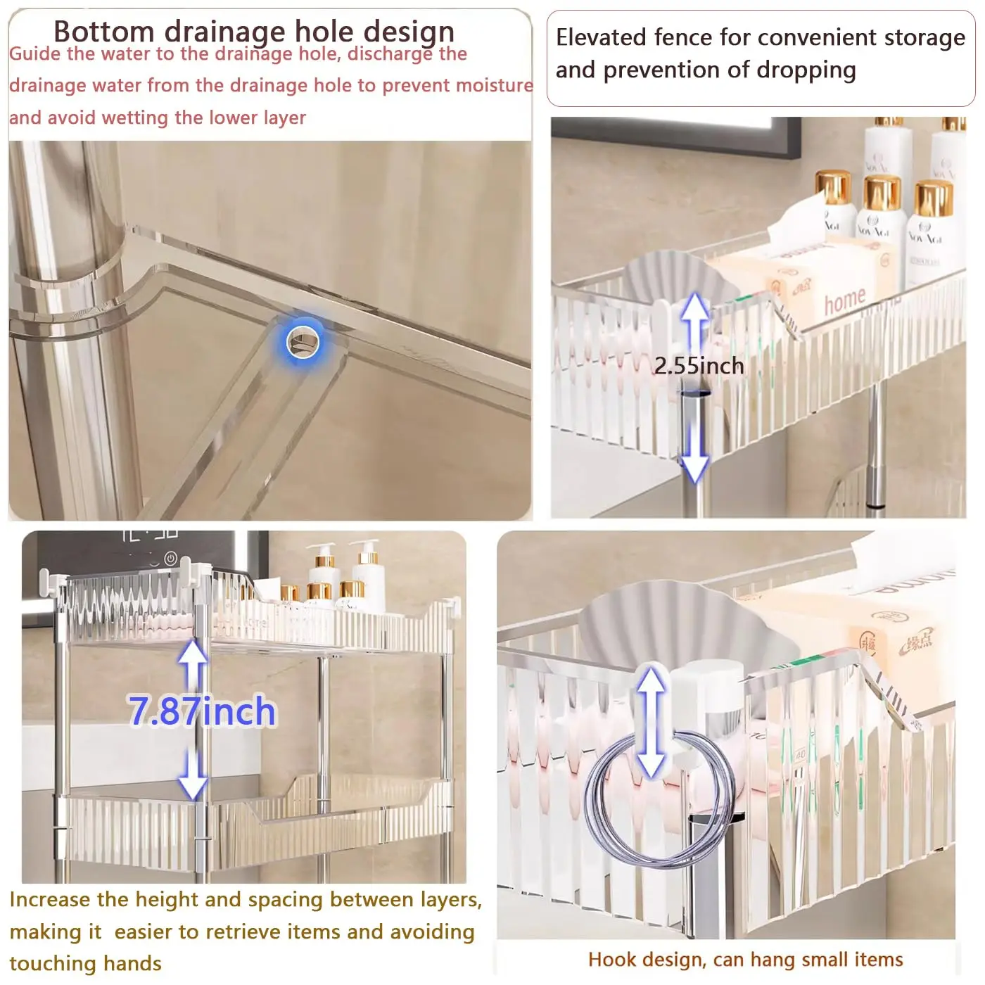 4-Tier Rolling Utility Cart with Wheels Multi-Functional Trolley with Clear Trays Movable Stainless Steel Storage Cart Organizer