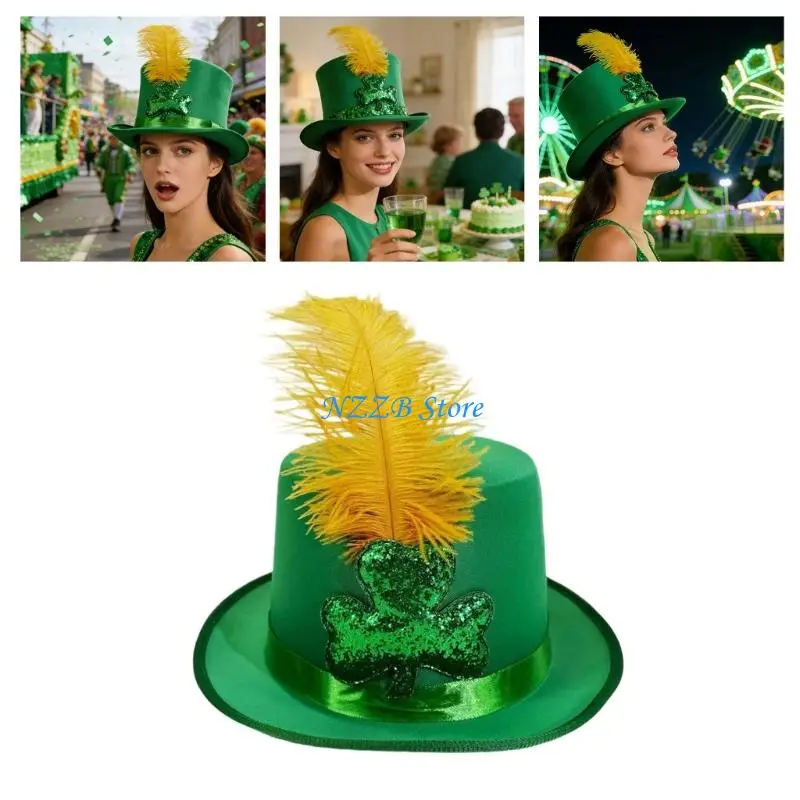 

T21F Leprechaun Homburg Top Hat Western Porkpie Hat Glitter Shamrock Party Wear