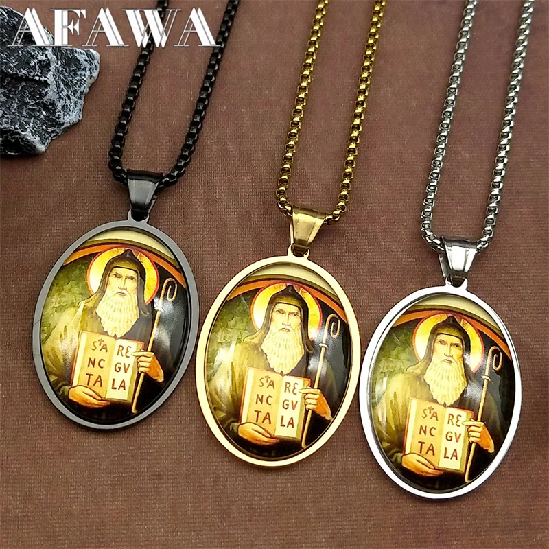 

Catholic Saint Benedict Glass Medal Pendant Necklace for Women Men Stainless Steel Gold Color San Benito Amulet Faith Jewelry