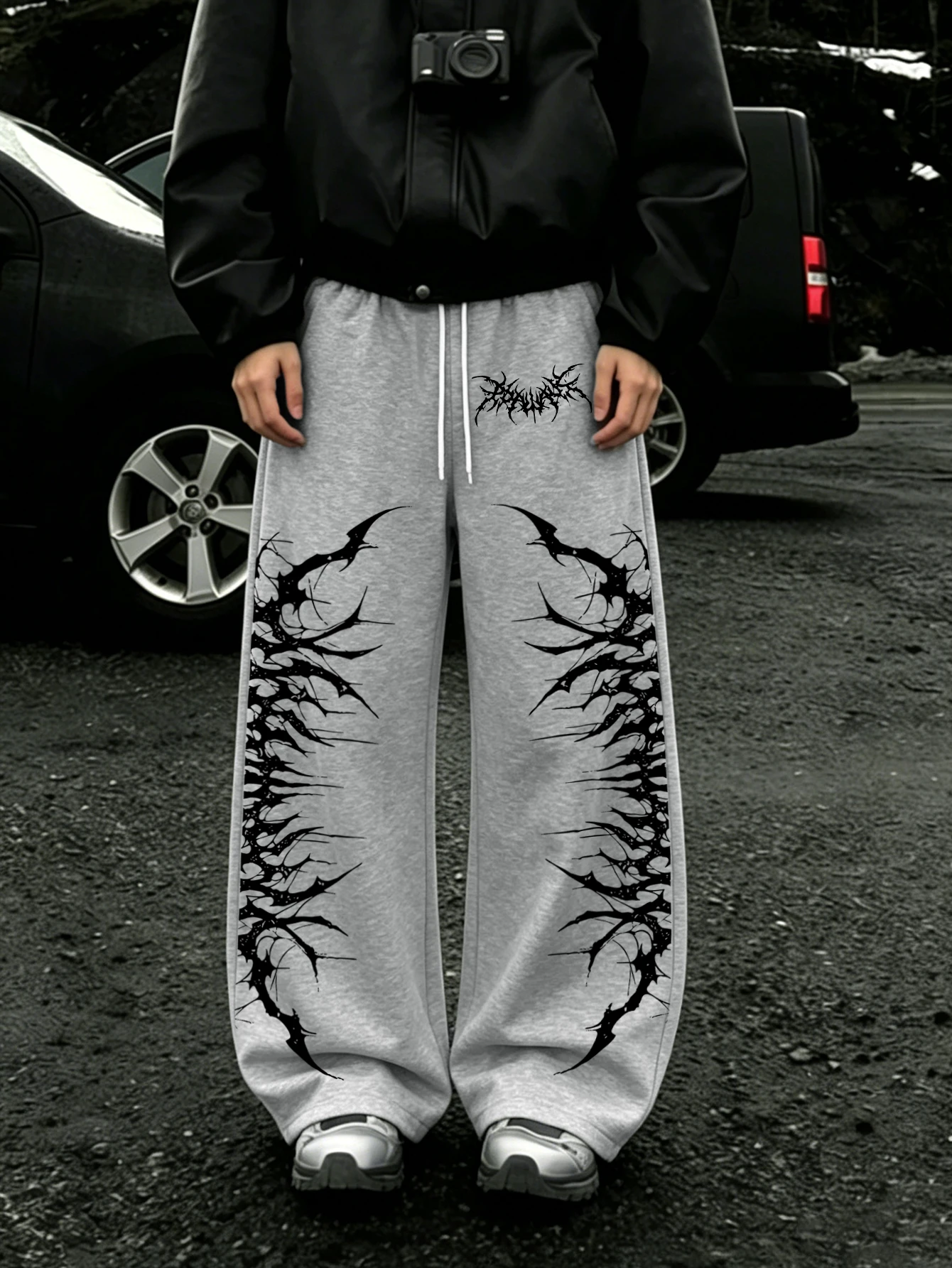 Men Y2K Dark Metal Streetwear Sweatpants, Death‑Metal Thorn Spike Font Symmetrical Double Side Print Drawstring LooseBaggy Pants