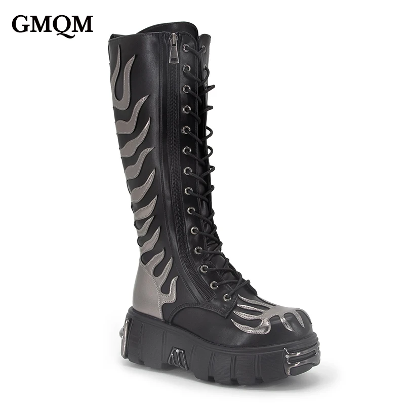 GMQM Fashion Women\'s Boots Knee High Boots Fire Platform Lace-Up Metal Decoration Wedges Heel High Heels Motorcycle Punk Shoes