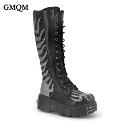 GMQM Fashion Women's Boots Knee High Boots Fire Platform Lace-Up Metal Decoration Wedges Heel High Heels Motorcycle Punk Shoes