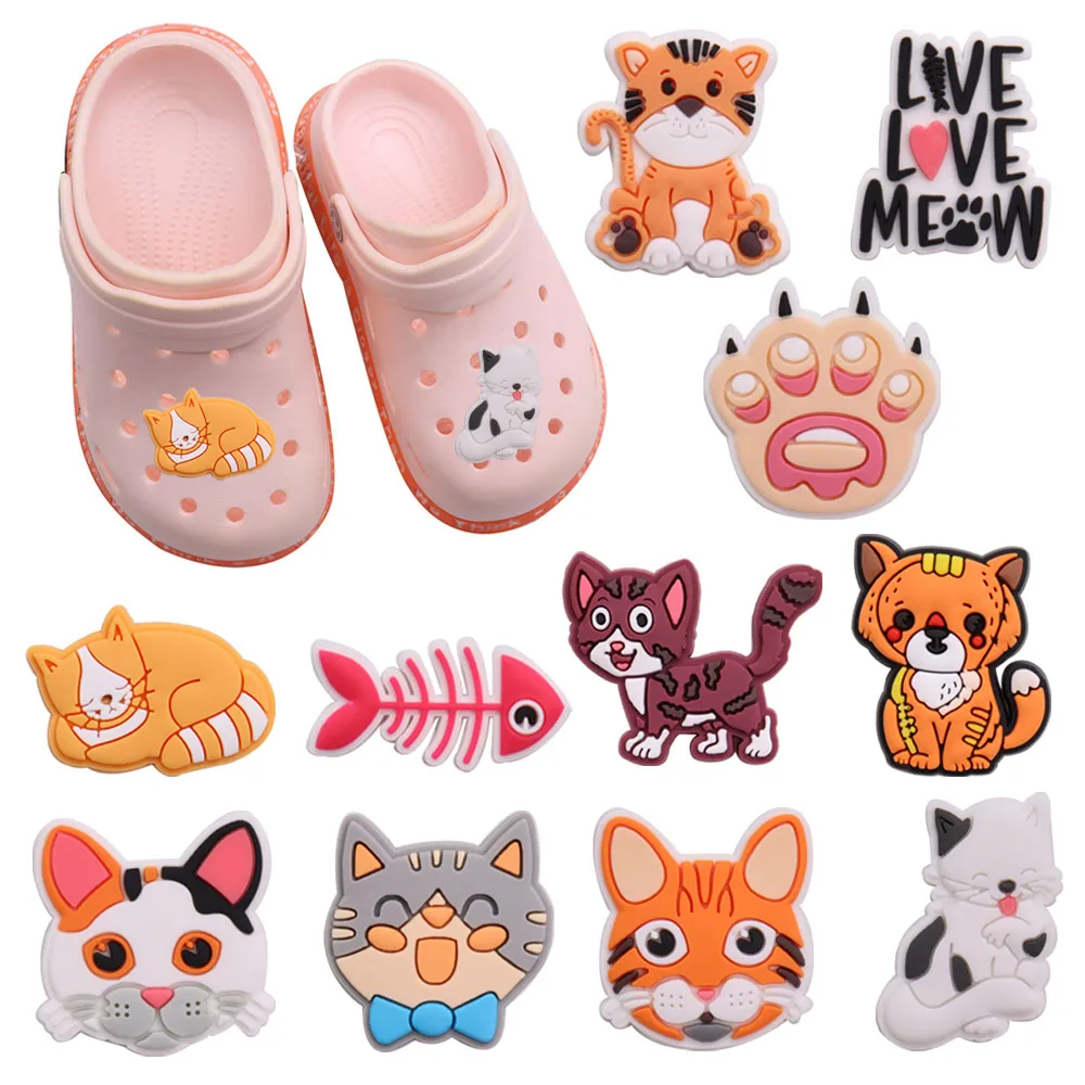 1Pcs PVC Shoe Charms Animal Cute Orange Cat Fish Bone Slipper Accessories Shoes Buckle Decorations Fit Bracelets Children Gift