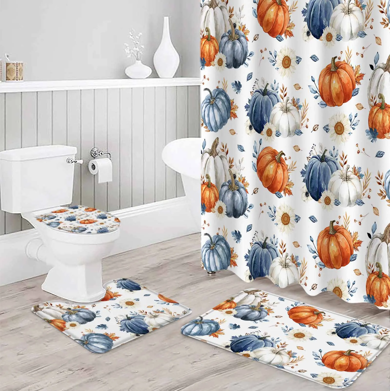 

BlueOrangeWhitePumpkinPolyester занавеска для душа с принтом, комплект для ванной комнаты, роскошный curtainsabstract, комплект из 4 предметов, коралловый флисовый напольный коврик