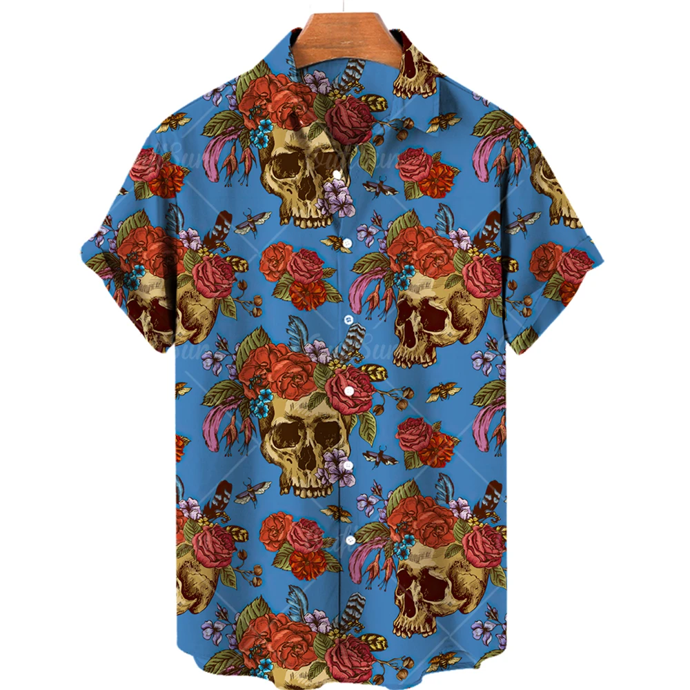 

3D Printed Skull Hawaiian Floral Casual Shirts For Men Halloween Summer Short Sleeved Oversize Social 5XL Gift Imported Clothing