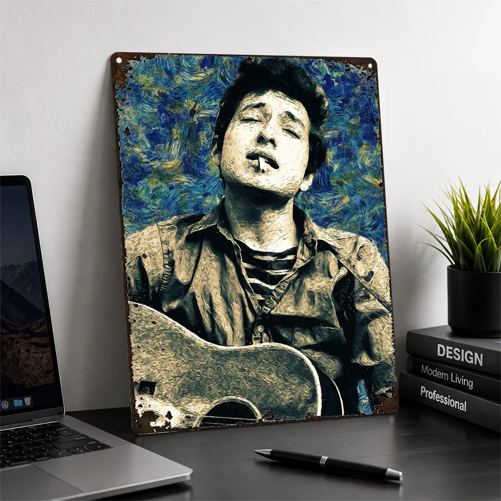Bob Dylan With Guitar Textured Metal Poster Starry Night Inspired Wall Art For Bedroom Customized Aluminum Sign Musician Gift
