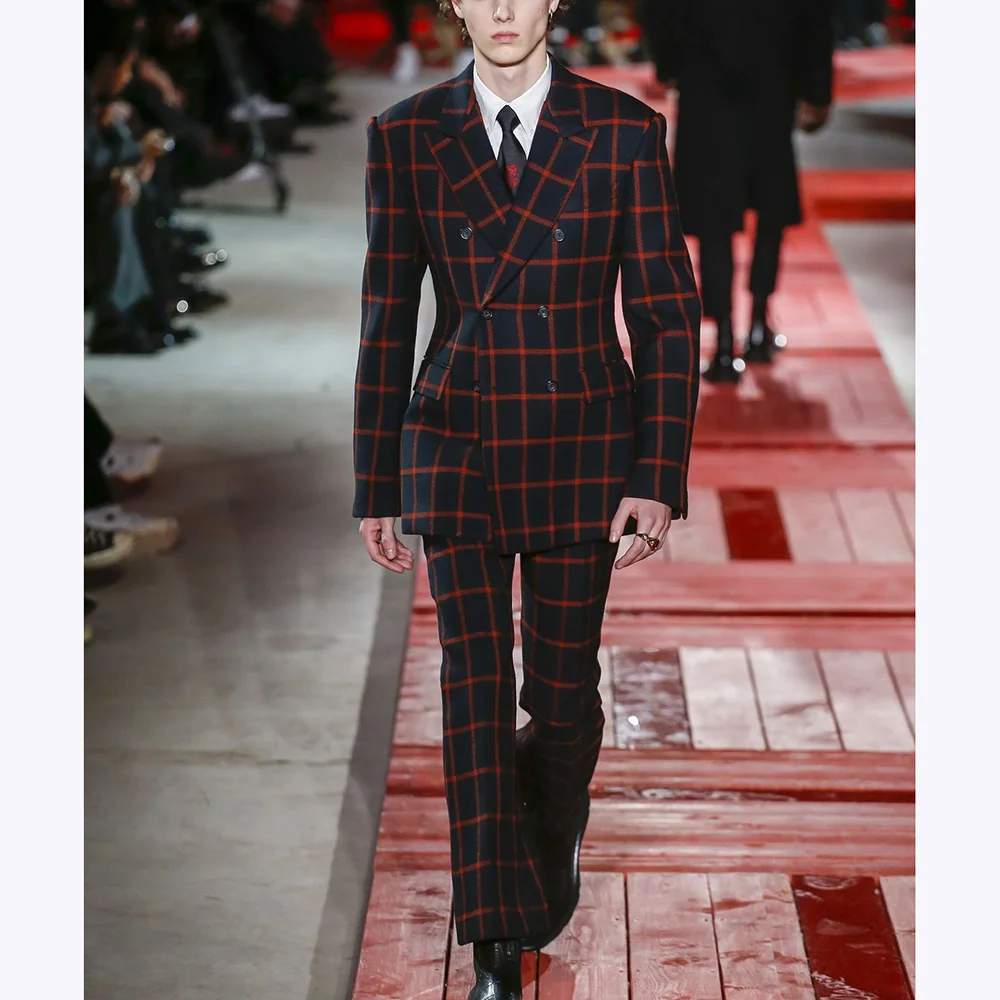 

Chic Plaid Men Suits Two Pieces Handsome Outfits Double Breasted Peaked Lapel Custom Made Smart Casual Party Wedding Set