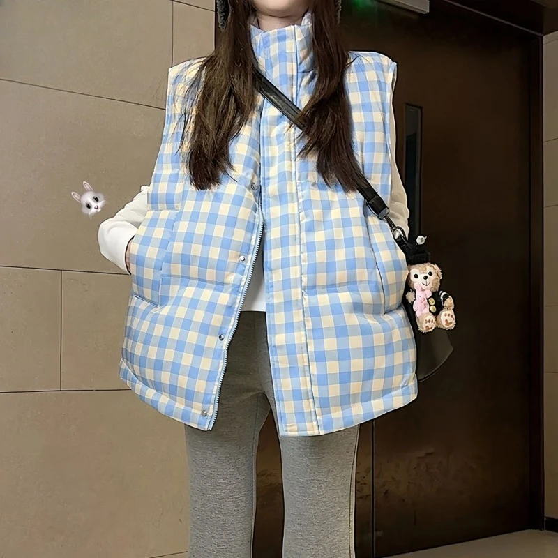 

Новый модный женский клетчатый хлопковый жилет больших размеров с воротником-стойкой на осень-зиму, свободная посадка, верхняя одежда для похудения