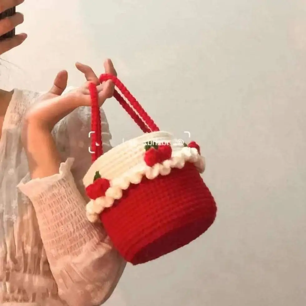 Strawberry Cake Bag Wool Bag Hand Woven DIY Material Bag Crochet Woven Self-made Hand Carrying Single Shoulder Crossbody Bag