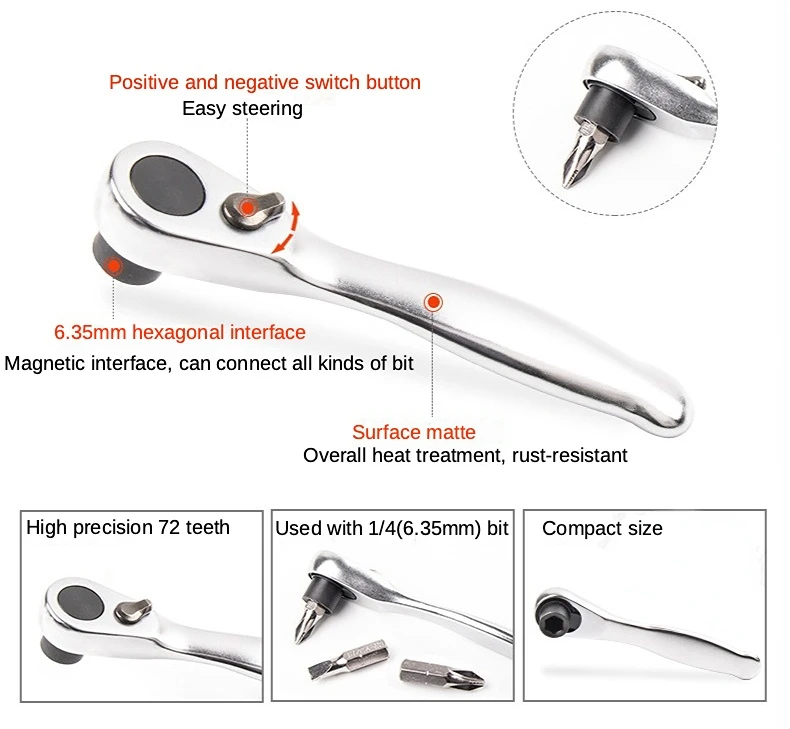 NEW Mini 1/4 Inch Double Ended Quick Socket Ratchet Wrench Rod Screwdriver Bit Tool Contain 1 X Ratchet Handle Wrench