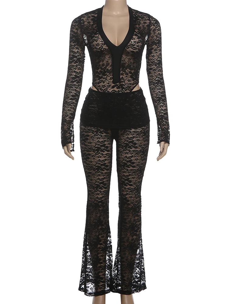 シスターリンダ シースルー 2 ピース セット レディース v-Nevk フルスリーブ スキニー ボディスーツ + フォールド ロング パンツ セクシー ミッドナイト コケット シック スーツ