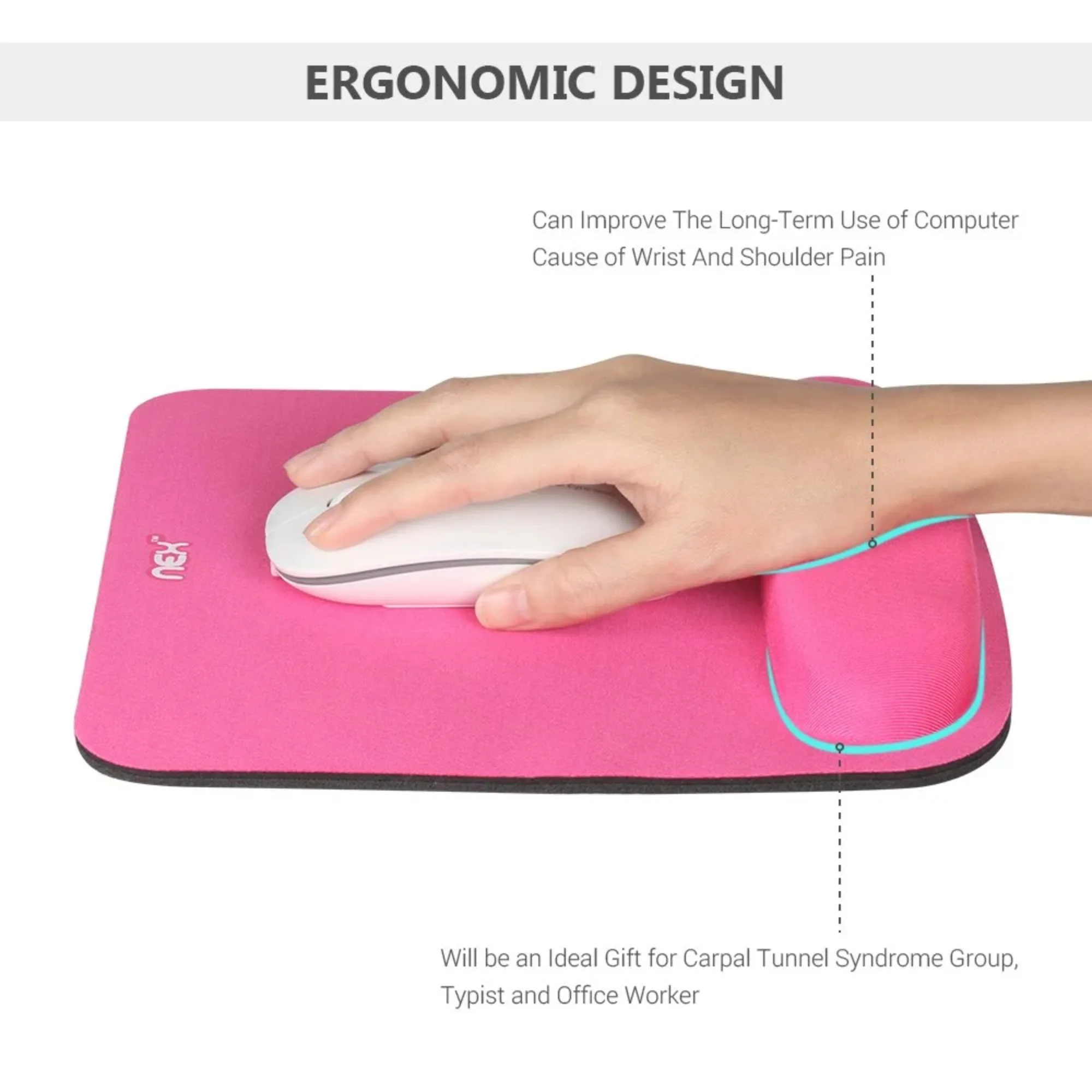 NEX Mouse Pad with Memory Foam Wrist Rest, Non-slip Rubber Base Mouse Mat for Typist Office (Pink)