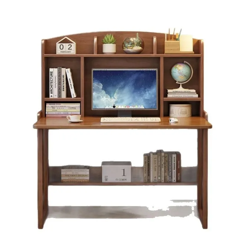 Solid wood desk wind bookshelf integrated table household folding computer table small apartment bedroom student writing table