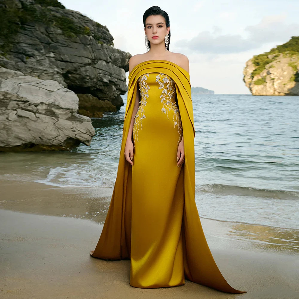 

Luxury Evening Dress Satin Off the Shoulder Watteau Train Column Evening Gowns for Women Apllique Sleeveless Formal Party Dress