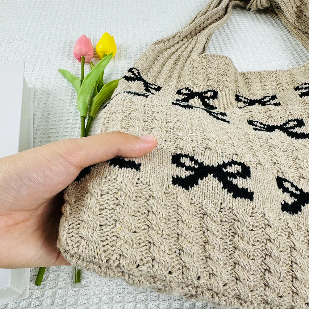 Knitted Handbags Large Capacity Bow Pattern Crochet Tote Bag Bow Pattern Crochet Tote Bag Multifunctional Knitted Shopping Bag