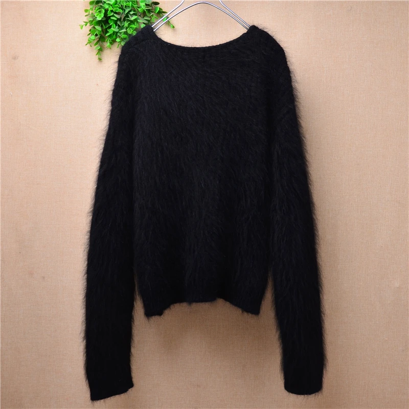 Elegant Fashion Ladies Women Clothing Black Hairy Mink Cashmere Knitted V-Neck Slim Blouses Pullover Angora Fur Jumper Sweater