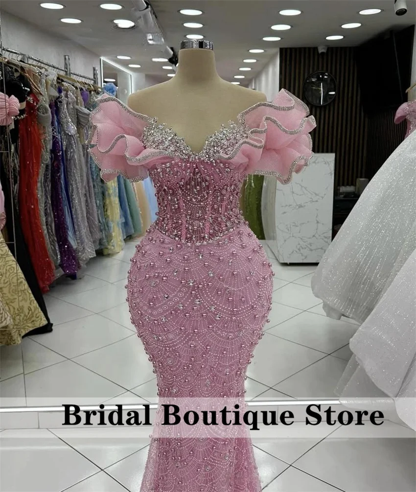 

Elegant Pearls Pink Evening Dress 2025 Luxury Off Sleeves Dimonds Crystals Formal Gown for Prom Wedding Party Women Customized