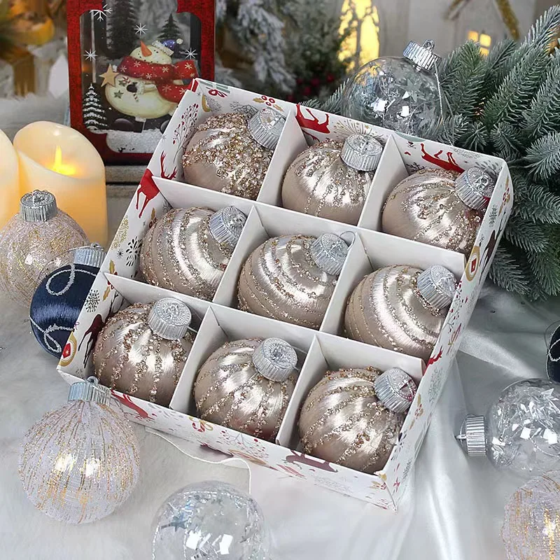 Christmas Silk Thread Ball Painted Plastic Anti drop 8cm 9pcs Christmas tree decorative balls