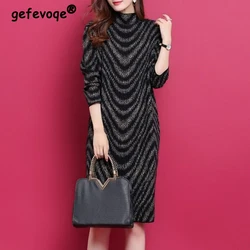 2023 Autumn Winter Women Fashion Elegant Striped Fleece Thick Basic Midi Dress Casual Half High Collar Long Sleeve Loose Dresses