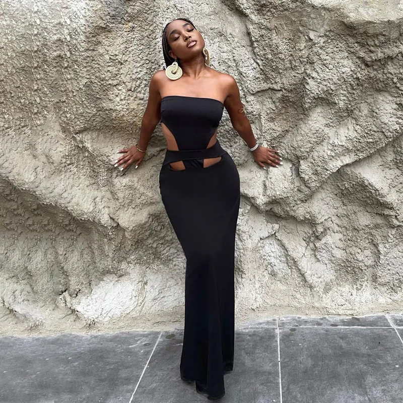 DSMTRC elegancka bandażowa bez ramiączek wąska czarna sukienka Maxi dla kobiet letnia odzież klubowa szaty seksowne sukienki bez rękawów z wycięciem