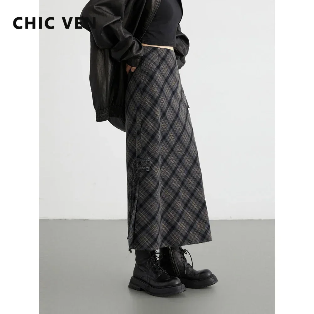 CHIC VEN Women Long Skirt Casual New Sweet Cool Style High Waist Slit Plaid Half Skirt Straight Tube Skirts Spring Autumn 2024