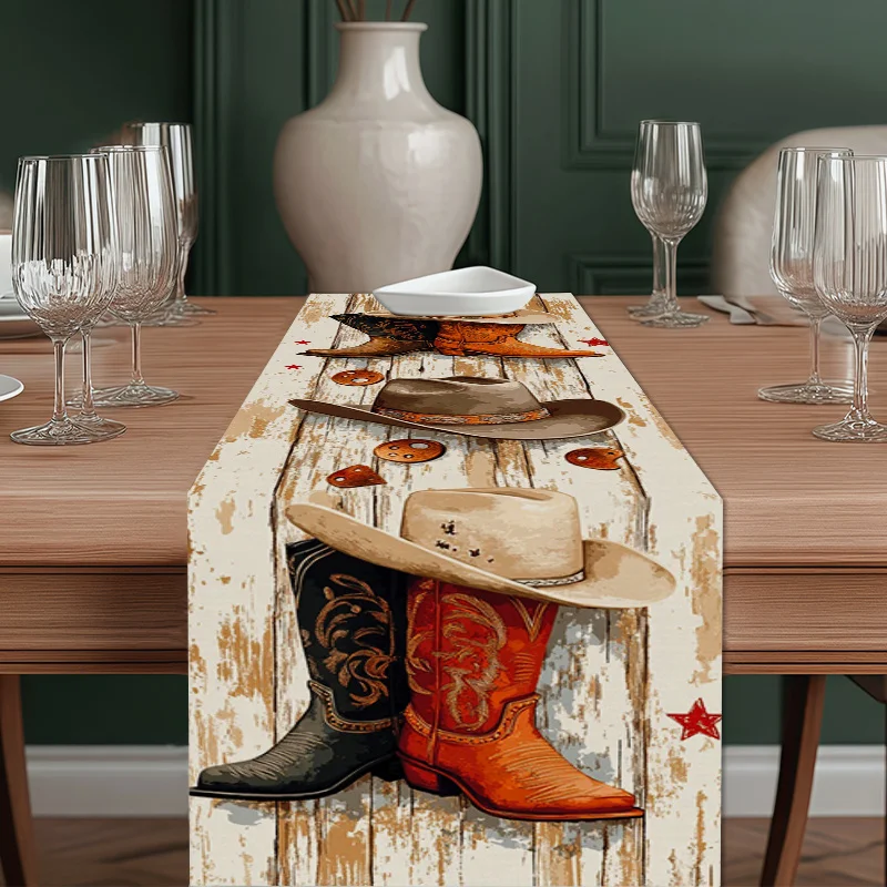 1 Piece of Western Cowboy Theme Table Runner, Retro Wood Grain Base, Cowboy Hat and Boots Pattern, Suitable for Western-Style Restaurant Decoration, Cowboy-Themed Parties, Retro Bar Soft Furnishings, Country B&B Decorations, Equestrian Club Displays, Outdoor Camping Picnics, American Home Decorations, Western Cultural Events, Using Cowboy Elements to Cover a Variety of American/Outdoor Scenes.