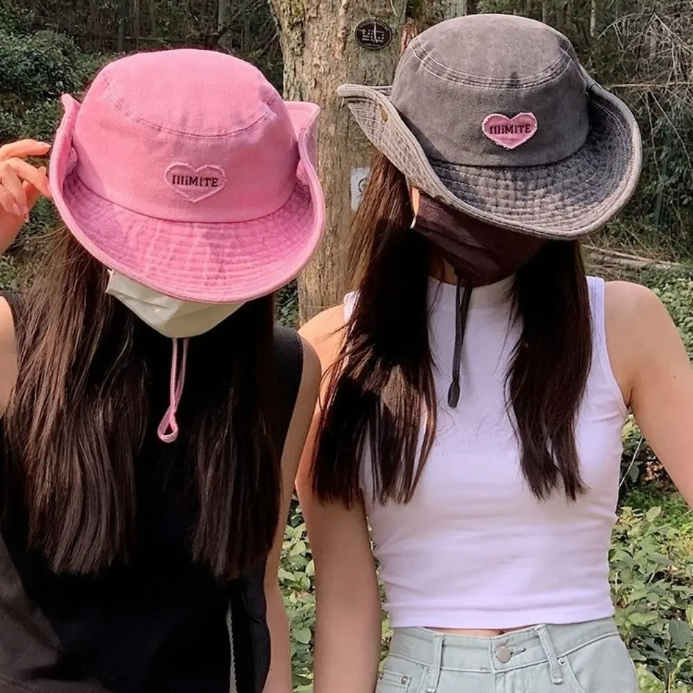 Foldable Summer Ladies Sun Hat Heart Embroidery with Drawstring Fisherman Hat UV Protection Wide Brim Western Cowboy Hat