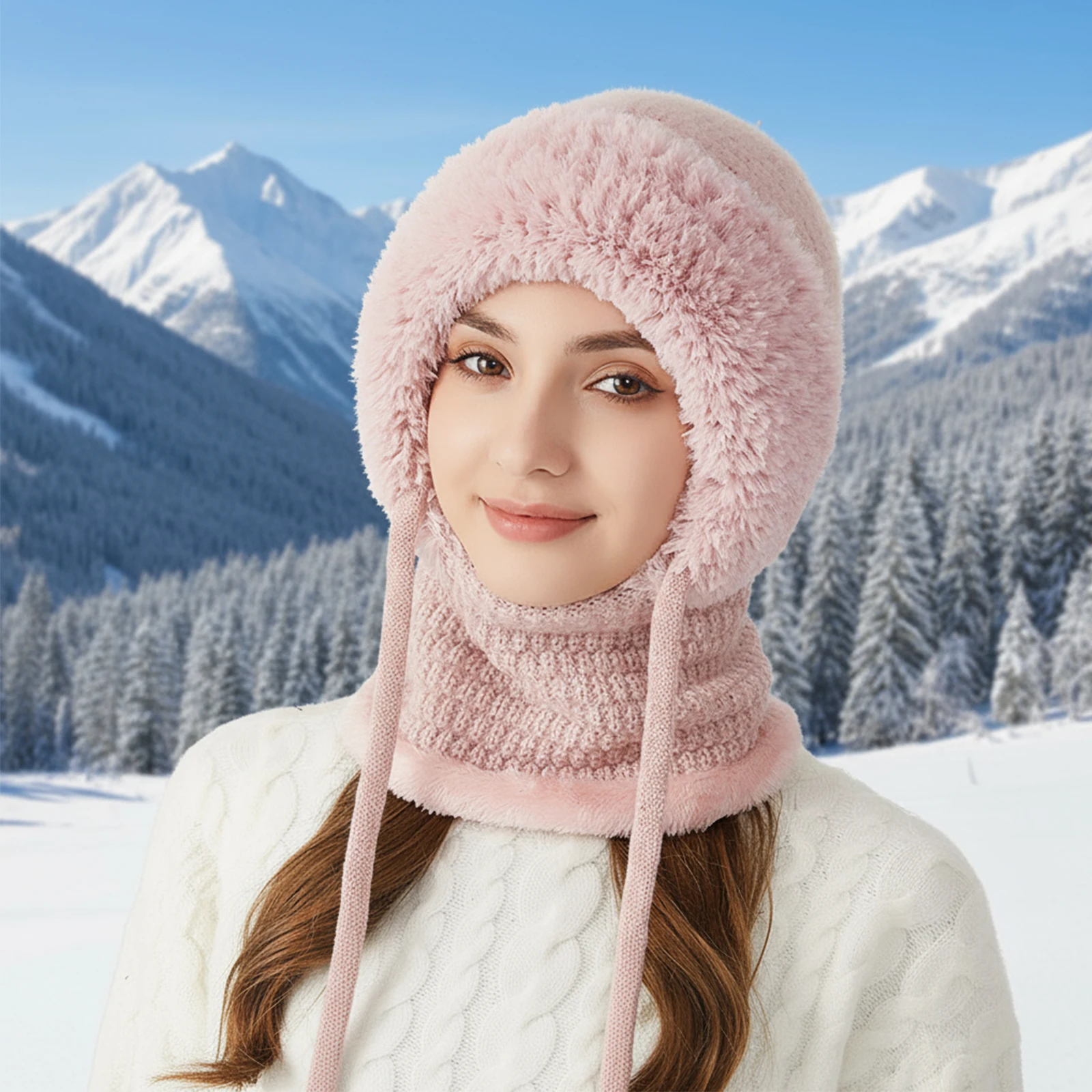 المرأة 3 في 1 مقنعين قطعة واحدة قبعة الثلوج مع وشاح وقناع صوف مبطن قبعة متماسكة مجموعة الشتاء الدافئ محبوك قبعة
