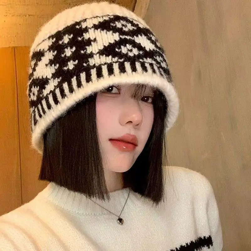 

Warm Women Winter Beanies Hats knitted Bonnet Caps Vintage Print Crochet Cold Cap Outdoor Keep Warm Skullies Beanies Hats