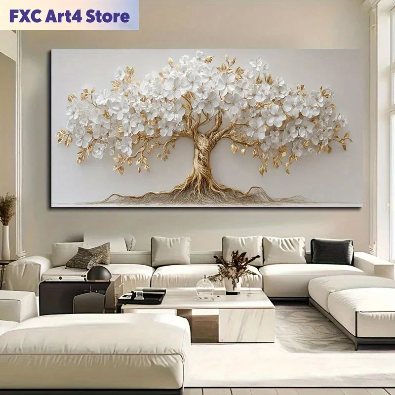 Rahmenloser Großer Weißer Blumen-Leinwanddruck mit Nordischem Lebensbaum-Motiv, Beige-Goldene Zweige, Pflanzen-Wandkunst-Poster für Moderne Wohnzimmer