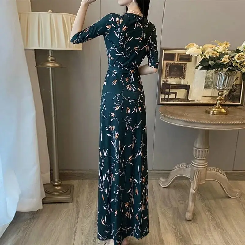 Half Sleeve Korean Women Bohemian Beach Sexy Split Maxi Dress Printed Lace-up Slim Elegant Ladies Casual Holiday Dress Clothing