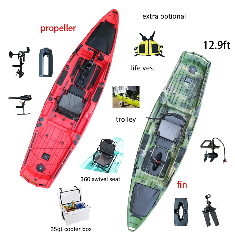Kayak de Pesca de 13 pies con 1 Asiento, Motor Eléctrico, Casco de HDPE, Timón Plegable y Asiento Giratorio de 360°