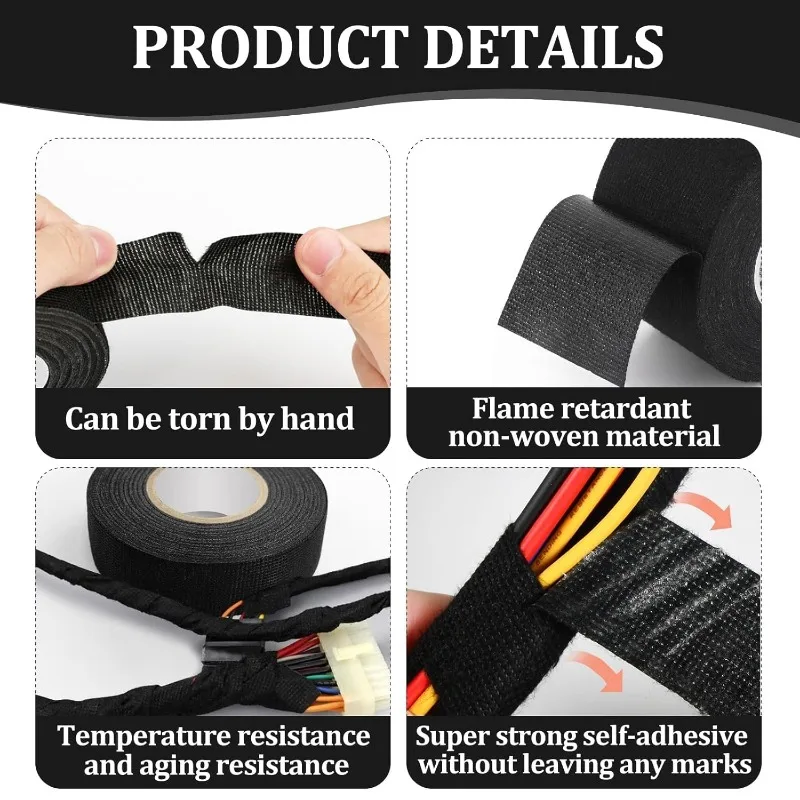 Black Electrical Fabric Cloth Tape Auto Wiring Wrap Cable Organizer Heat-resistant Wire Harness Bundle Insulation Adhesive Tapes