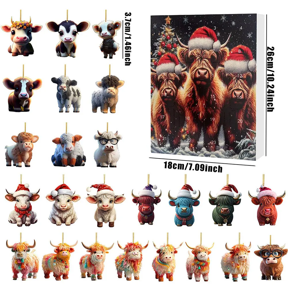 24 Days Christmas Countdown Calendar Cute Cattle Decorative Ornament Christmas Advent Calendar for Tree Home Car Backpack Decor