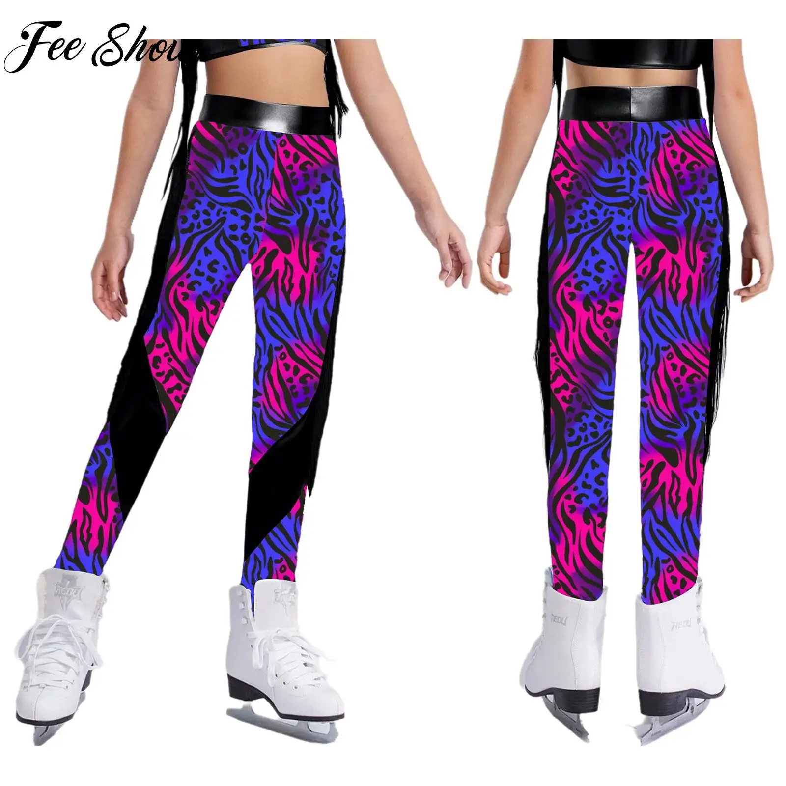 Figure Skating Dance Pants Kid Girl Jazz Dance Performance Dancewear Zebra-Stripe Metallic Leggings Stretchy Tassel Sports Pants