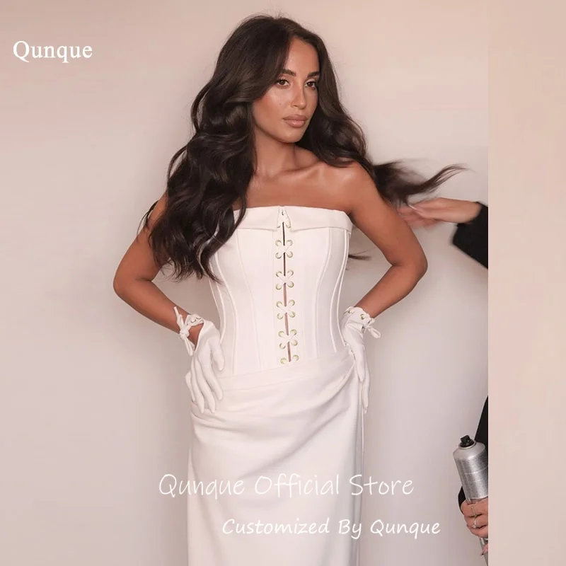 

Qunque Modern Strapless Ruched Waist Evening Dress Maxi Robes De Soirée Satin Front Lace Up Vestido De Fiesta Lujo Customized